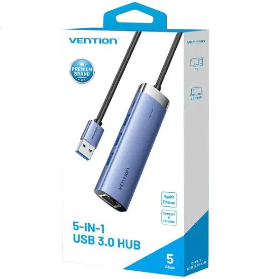 Хаб USB 3.0 -> 3xUSB 3.0/RJ45/USB-C Hub Синій Aluminum Alloy 5-in-1 Vention - фото 3