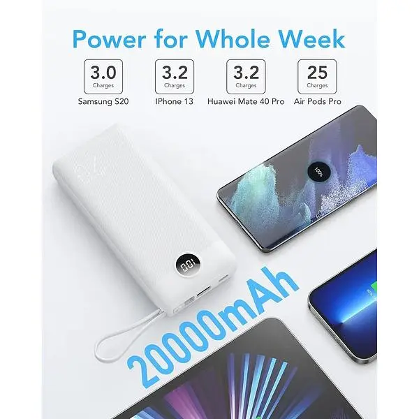 Портативное зарядное устройство Vrurc со встроенным кабелем USB C емкостью 20000 мАч - фото 4