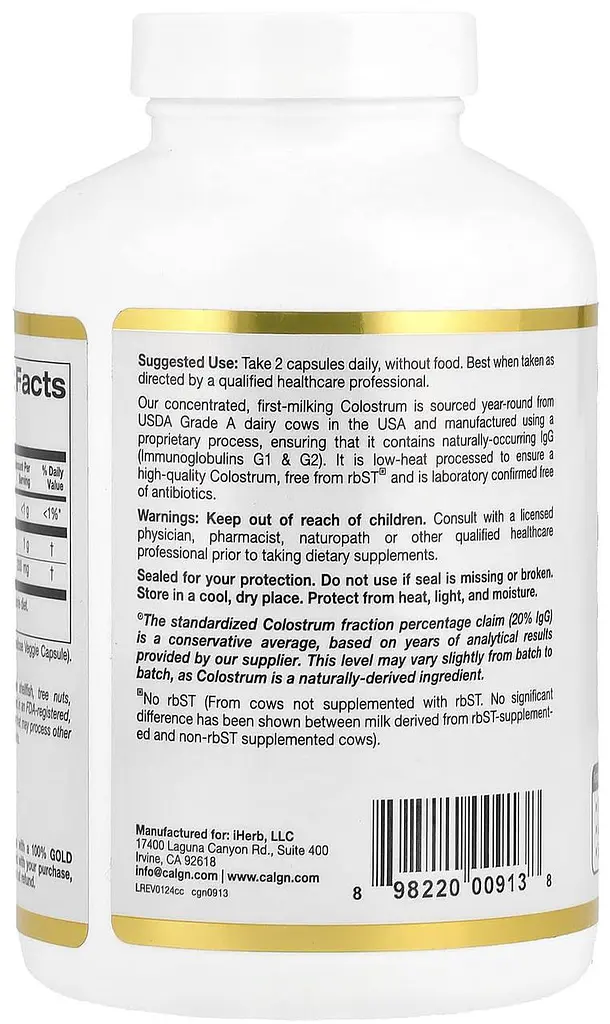 Молозиво з 20 % імуноглобулінів IgG (Colostrum), 240 рослинних капсул California Gold Nutrition - фото 3