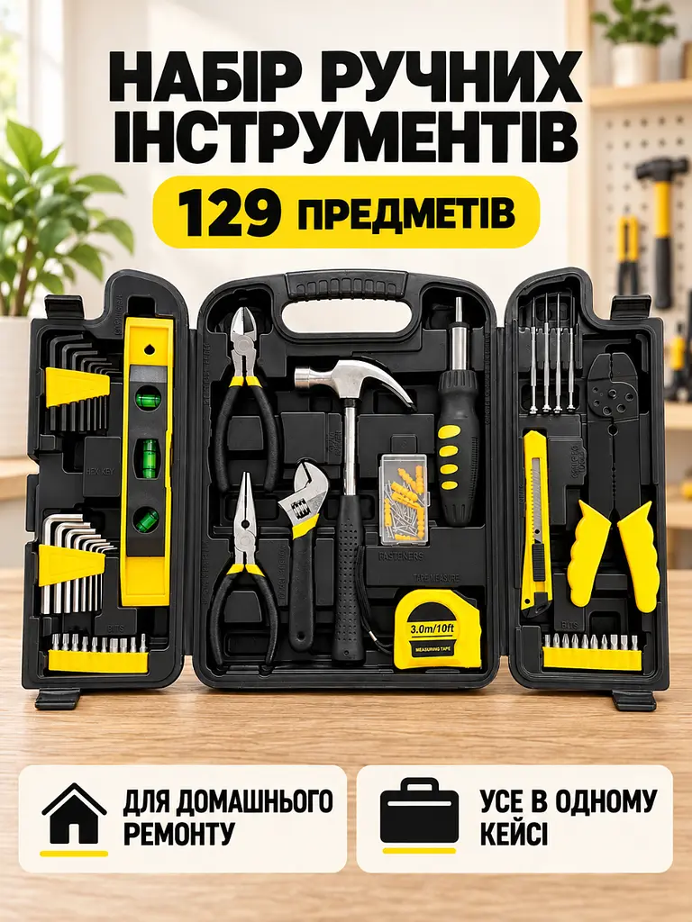 Набір ручних інструментів 129 предметів у кейсі для дому та ремонту чорно-жовтий (37261115) - фото 2