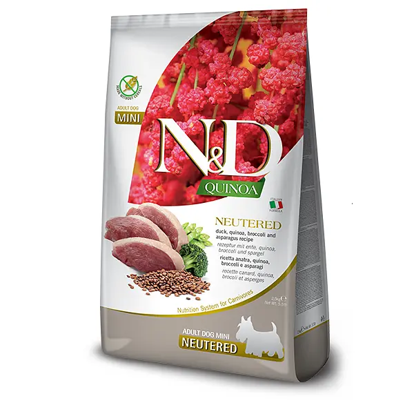 Сухий корм Farmina N&D Quinoa Duck, Brocooli & Asparagus Neutered для дорослих стерил. собак дрібних порід, качка, кіноа, броколі та спаржа, 2,5 кг