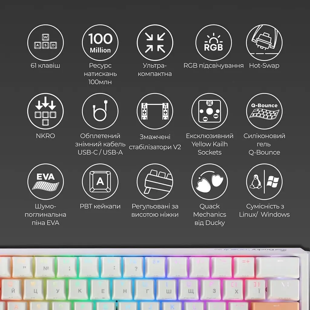 Клавіатура Ducky One 3 Mini Cherry MX Red RGB White UA (DKON2161ST-RUAPXPWWWSC1) - фото 7
