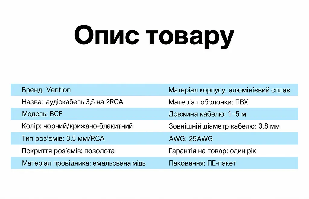 Аудіокабель AUX Vention 5 м RCA-тюльпани штекер 3,5 мм TRS на 2 штекери RCA від аудіовиходу джерела до двох RCA-входів аудіосистеми чорний (BCFBJ) - фото 5