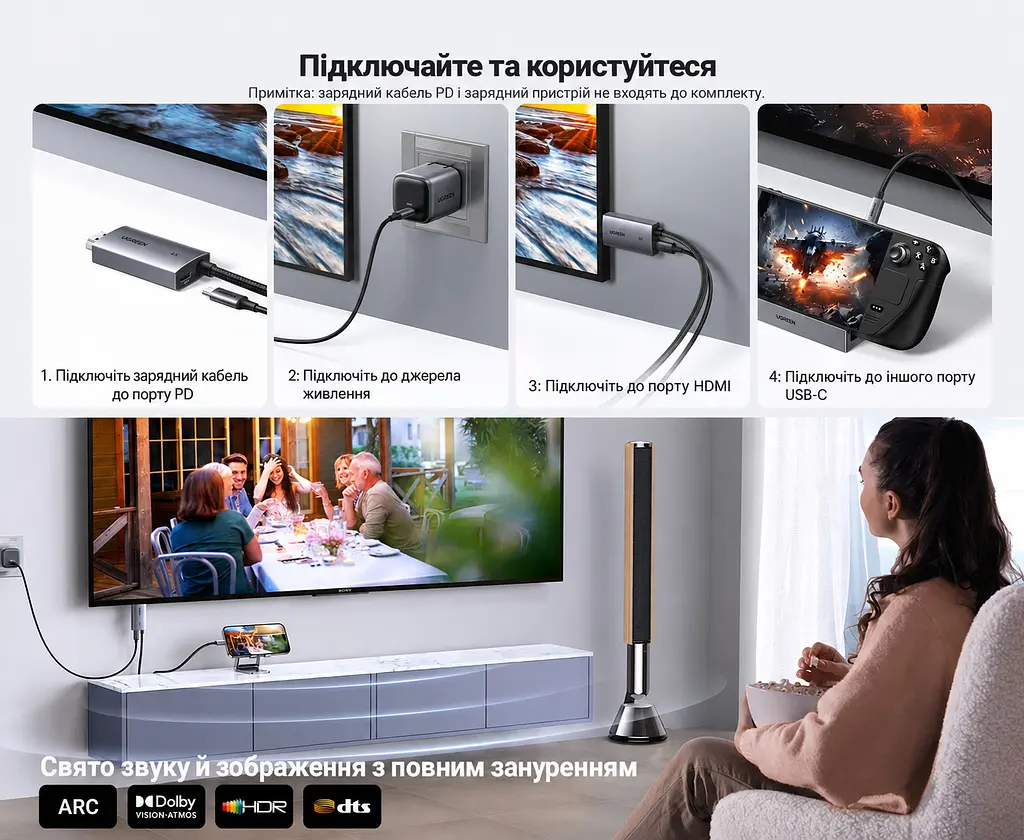Відеокабель UGREEN CM675 USB-C - HDMI 4K 60 Гц PD 100 Вт 2 м сіро-чорний (55330) - фото 11