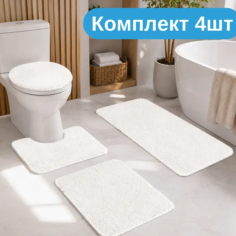 Практичний комплект м'яких килимків для ванної 4 шт , пухнасті антиковзкі килимки білий KT9000506 - фото 3