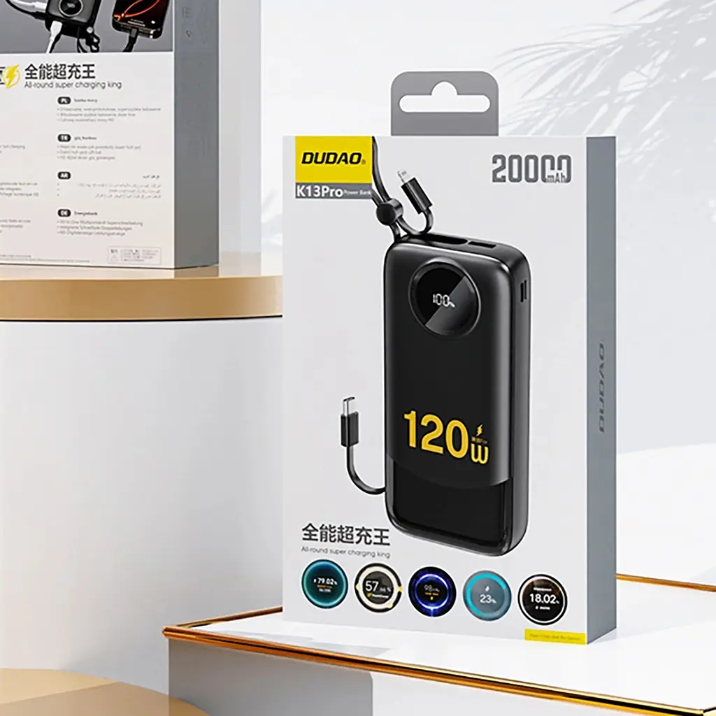 Універсальна мобільна батарея Dudao 20000mAh K13 Pro 22,5W PD,QC USB-A,USB-C In/Out,with built-in USB-C/Lightning cables Чорний - фото 2