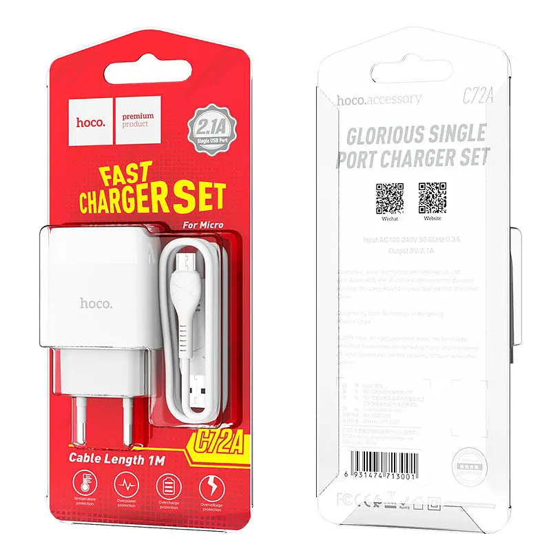 МЗП Hoco C72A Glorious 2.1A (1USB-A) + кабель USB to MicroUSB Білий - фото 6