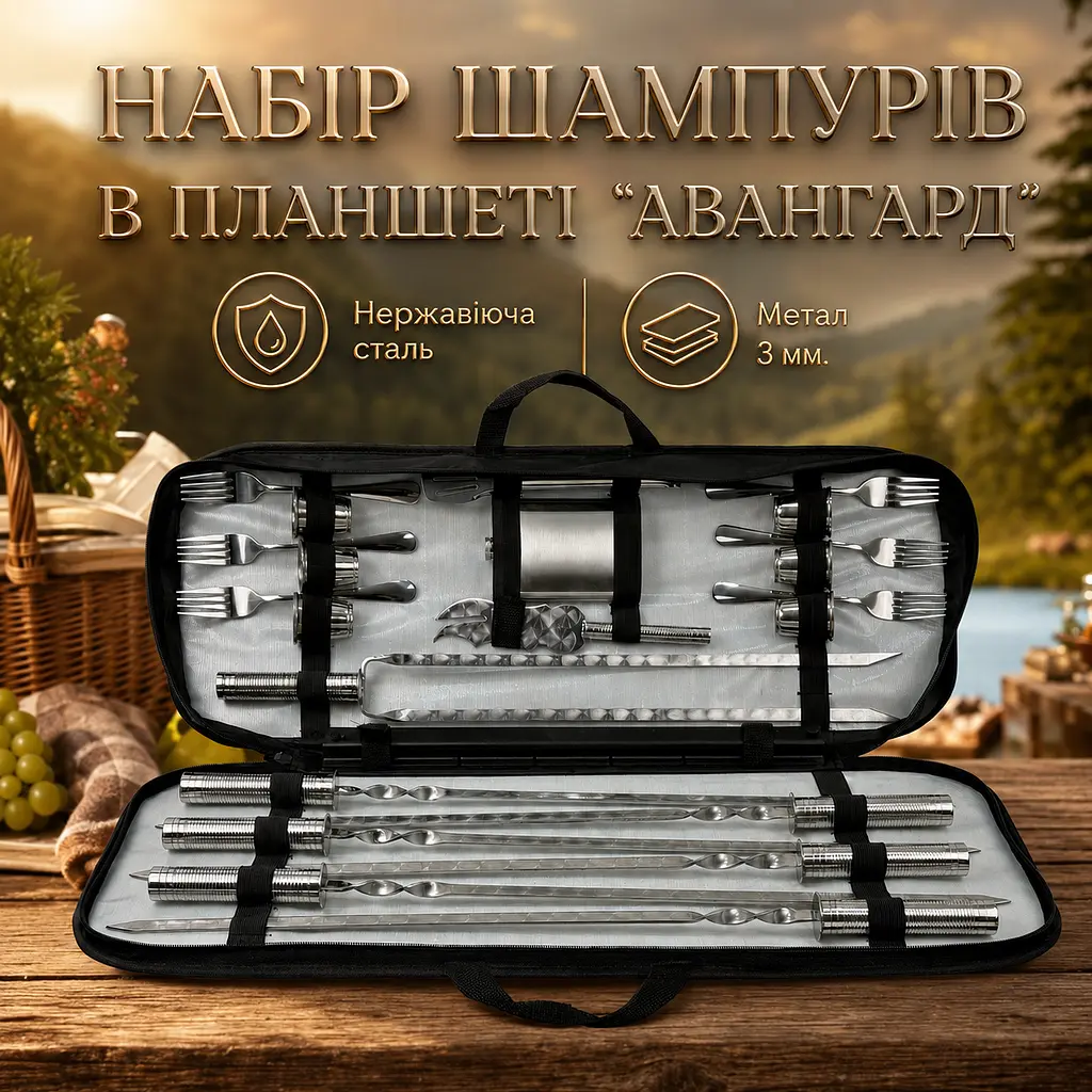 Набір шампурів Планшет Авангард 23 предмети з мангалом-рамкою, флягою, чарками та виделками - фото 2