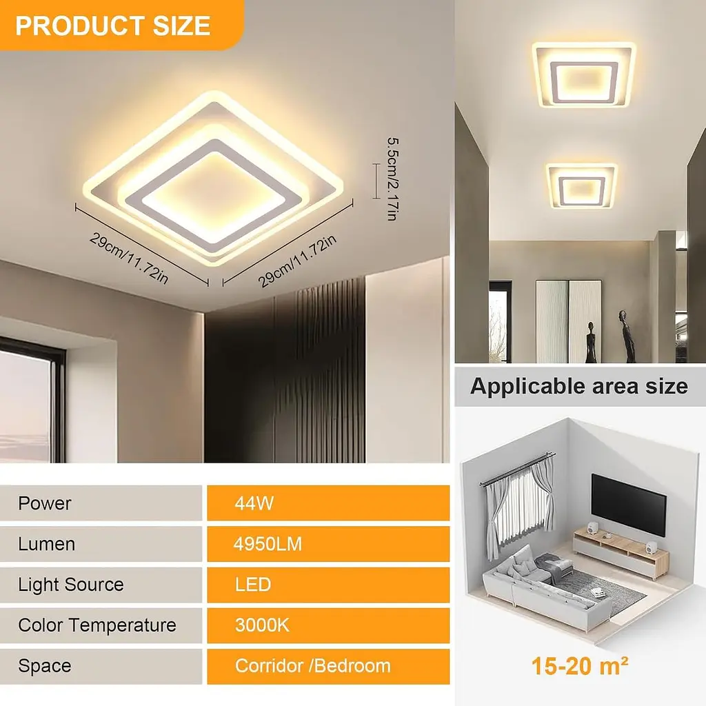 Toolight LED Стельовий світильник Square, 44W 4950LM Сучасний акриловий світлодіодний стельовий світильник білого кольору, яскраві - фото 8