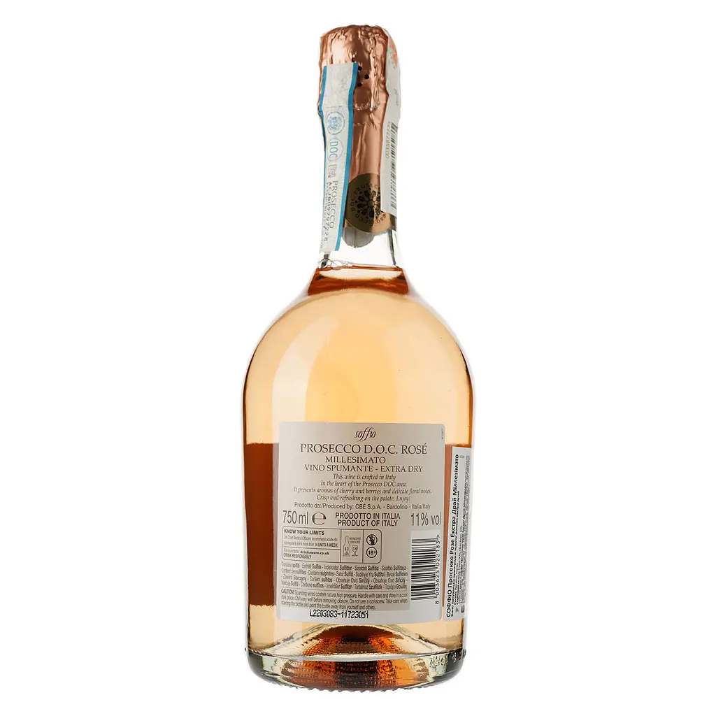 Вино игристое Soffio Prosecco Rose Extra Dry Veneto, розовое, экстра-сухое, 0,75 л - фото 2