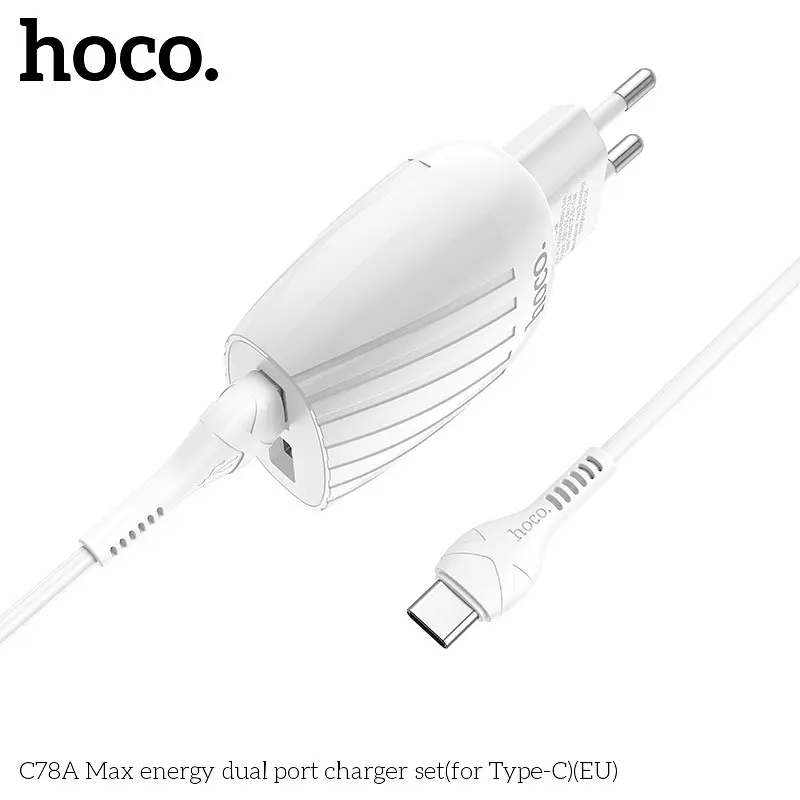 Адаптер мережевий HOCO Type-C Cable Max energy C78A 2 виходи білий - фото 2