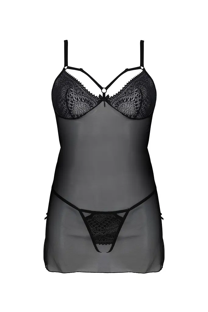 Пеньюар Passion DROSERA CHEMISE black, XXL/XXXL, мереживний ліф зі стрепами, трусики в комплекті - фото 3