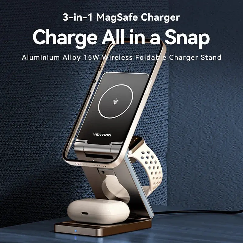 Зарядний пристрій 15W 3-in-1 Magnetic Wireless Fast Charger Сірий Vention - фото 4