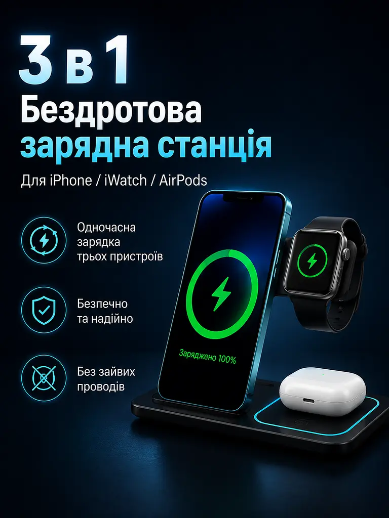 Бездротова зарядна станція 3 в 1 15 W для iPhone, Apple Watch і AirPods чорна (49675896) - фото 2