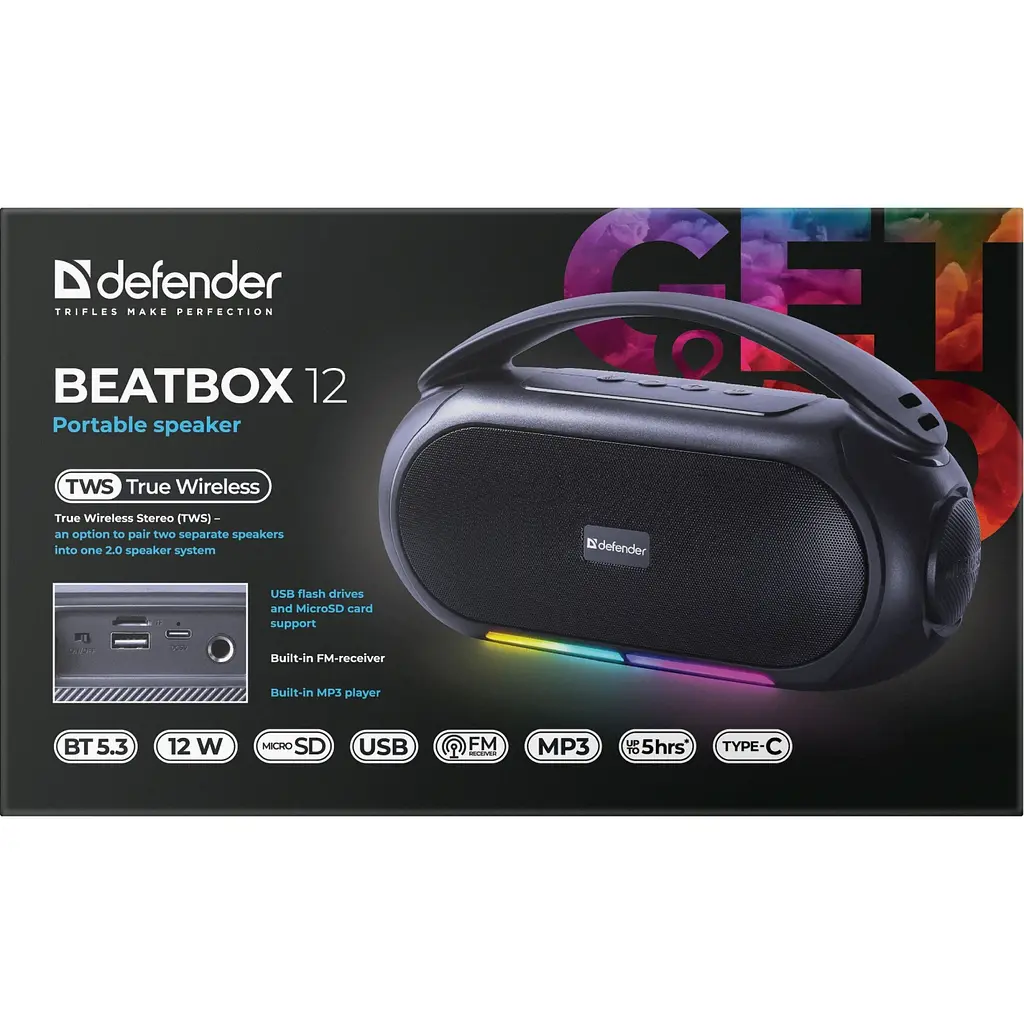 Акустична система 1.0 Defender Beatbox 12, 12Вт, Bluetooth/RGB/FM/USB/TF/MIC/ чорна - фото 7