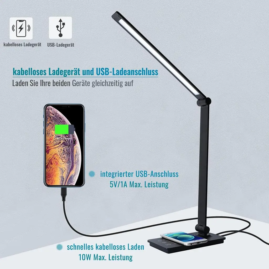 Настільна LED-лампа з бездротовою зарядкою, USB та регулюванням яскравості - фото 6