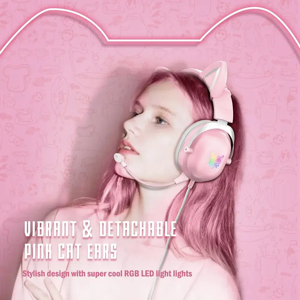Игровые проводные наушники Onikuma X11 с кошачьи ушками с микрофоном и LED RGB подсветкой Розовый - фото 3