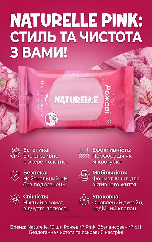 Вологі серветки універсальні Naturelle Pink 10 шт. Серветки рожевого кольору - фото 2