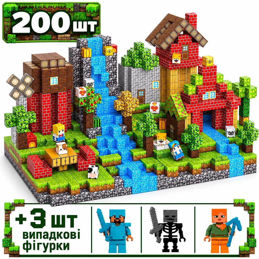 Магнітний конструктор Minecraft 200 шт по грі Майнкрафт Лістий Mk001067 - фото 3