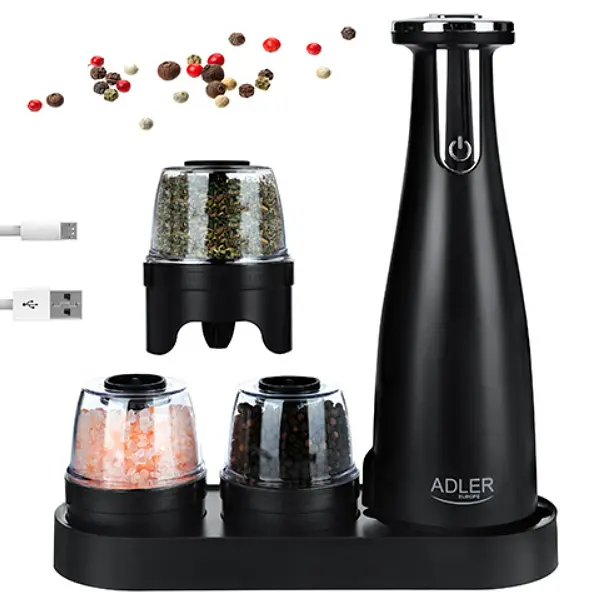 Набір з 3 млинів для спецій солі та перцю Adler AD 4449 на USB black - фото 2