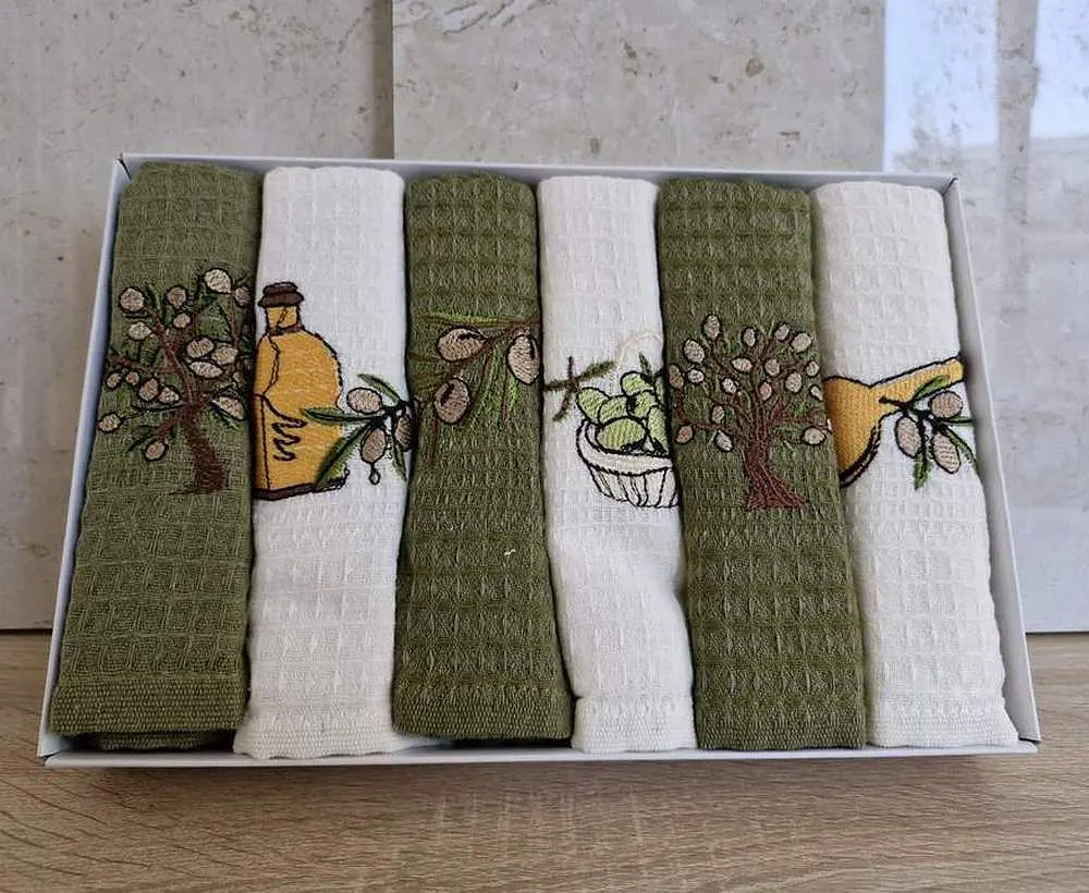 Набір рушників для кухні Nilteks 6 штук 40х60 вафельні з вишивкою Olive - фото 4