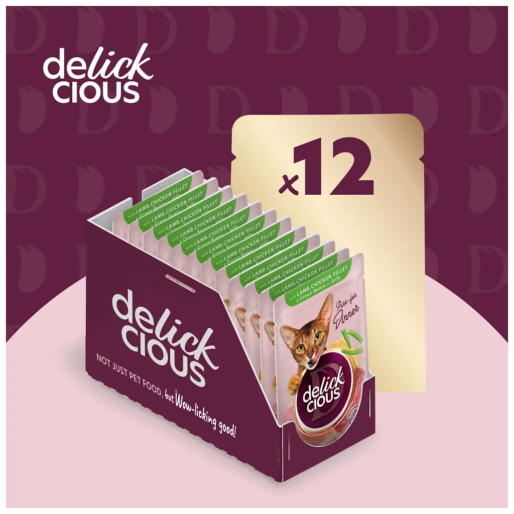 Вологий корм для кішок Delickcious Шматочки з ягнятиною, курячим філе і квасолею спаржевою в желе 85 г (4820269143128) - фото 5