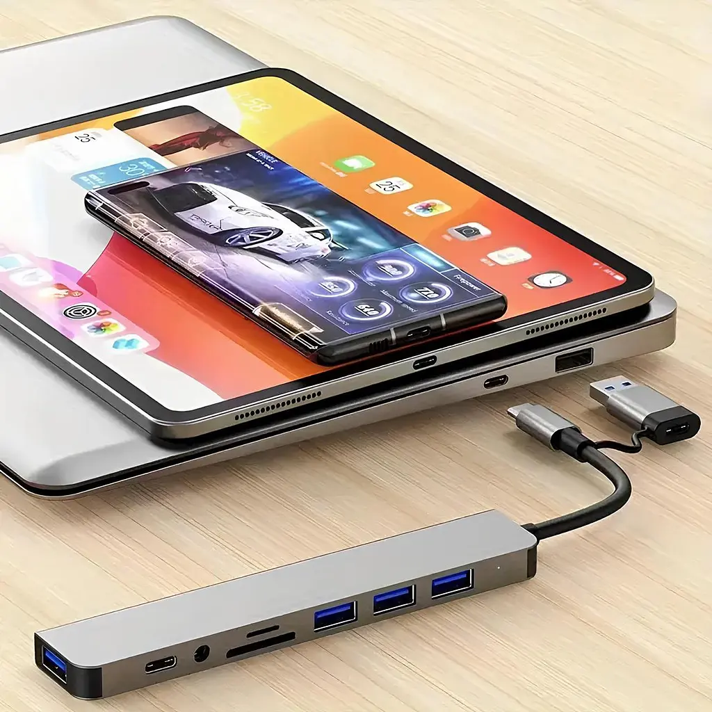 USB концентратор 8 в 1/USB хаб з 4 USB-портами, Type-C порт, TF/SD-картридер, аудіо вихід - фото 4