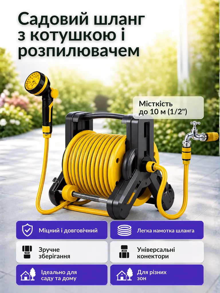 Гнучкий садовий шланг 10 м на котушці з пістолетом-розпилювачем жовтий (49675878), 10 м - фото 2
