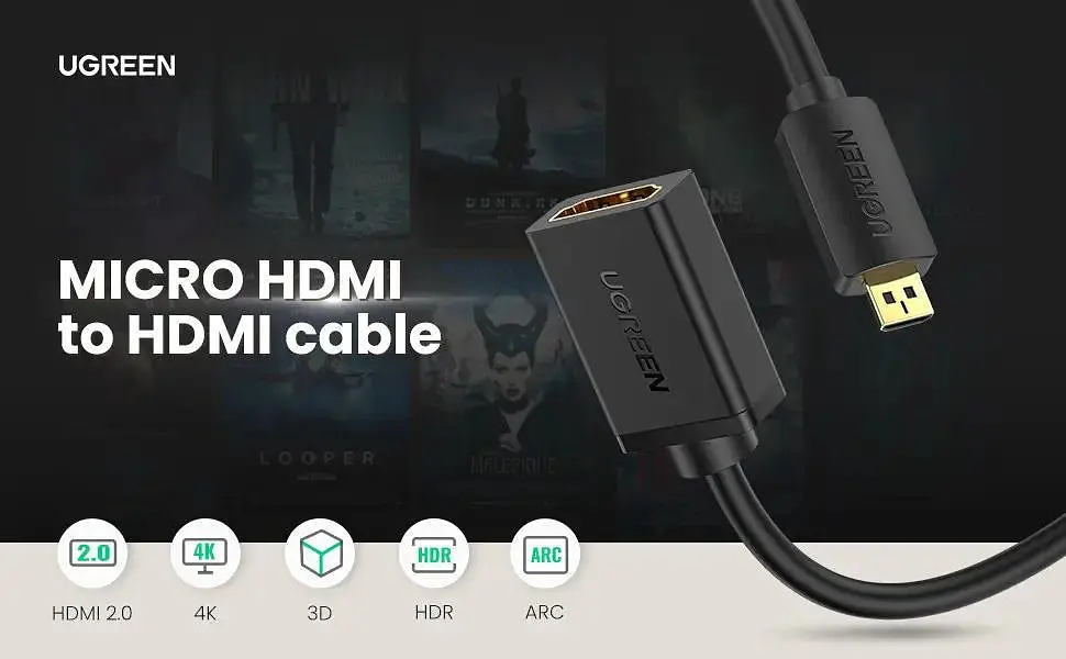 Кабель Ugreen Micro HDMI штекер to HDMI 2.0 разъем 4K 60Hz 22CM Black (20134) - фото 6