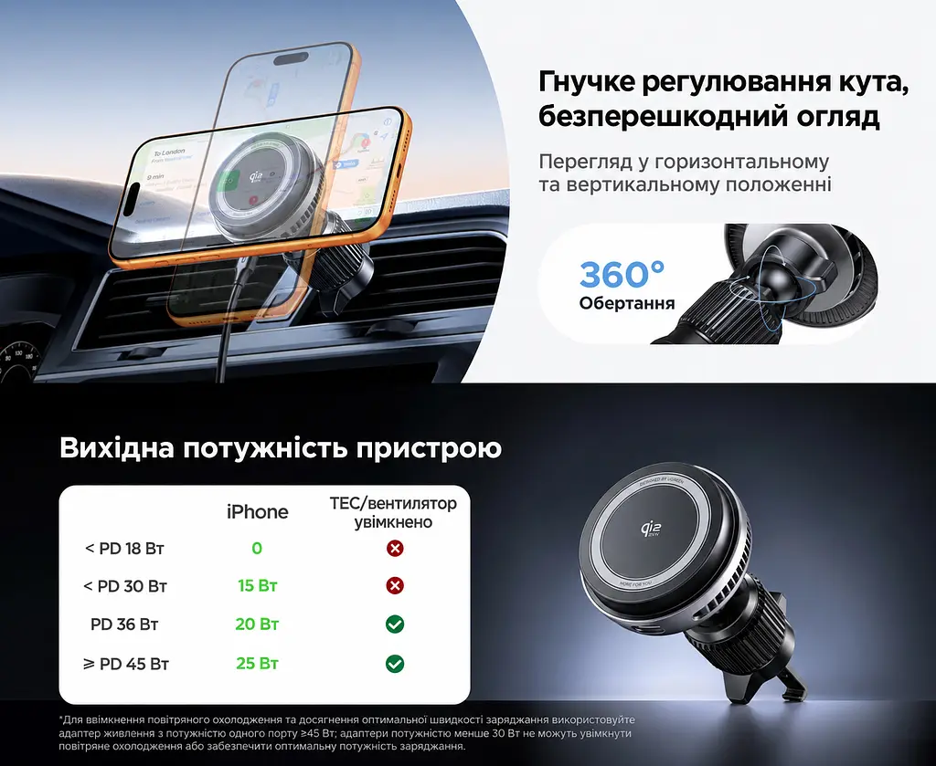 Магнітний автотримач із бездротовим заряджанням UGREEN MagFlow Pro W778 Qi2 до 25 Вт для iPhone 16–17 з iOS 26+ до 15 Вт для iPhone 12–15 для 25 Вт потрібен адаптер PD від 45 Вт на одному порту без чохла або з MagSafe активне охолодження TEC і вентилятор кріплення на вертикальну/горизонтальну решітку обертання 360° LED-індикатор кабель USB-C ↔ USB-C 1,5 м у комплекті темно-сірий із чорним сріблястим оздобленням і білими написами (75250) - фото 12