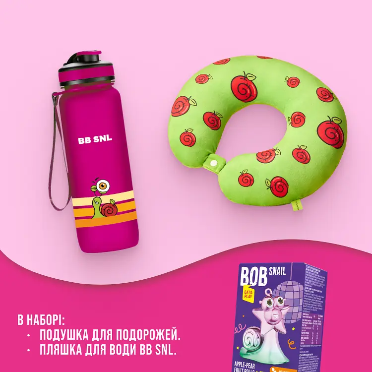 Набір мандрівника: пляшка для води BB SNL Little Fruit Lover 650 мл рожева + м'яка подушка для подорожей BB SNL Тревел Баді зелена - фото 2