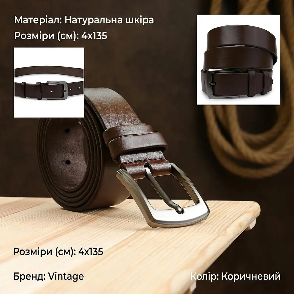 Гладкий чоловічий ремінь Vintage 20748 Коричневий - фото 3