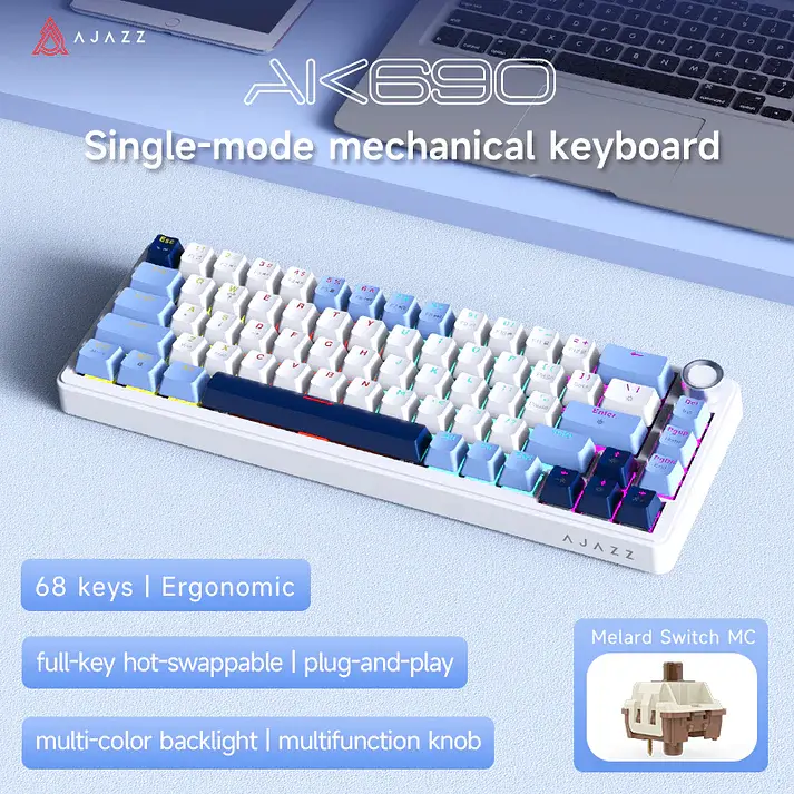 Игровая механическая проводная клавиатура Ajazz Ak690 / 68 клавиш / Hot-Swap / RGB / Melard Switch MC / White Blue - фото 2