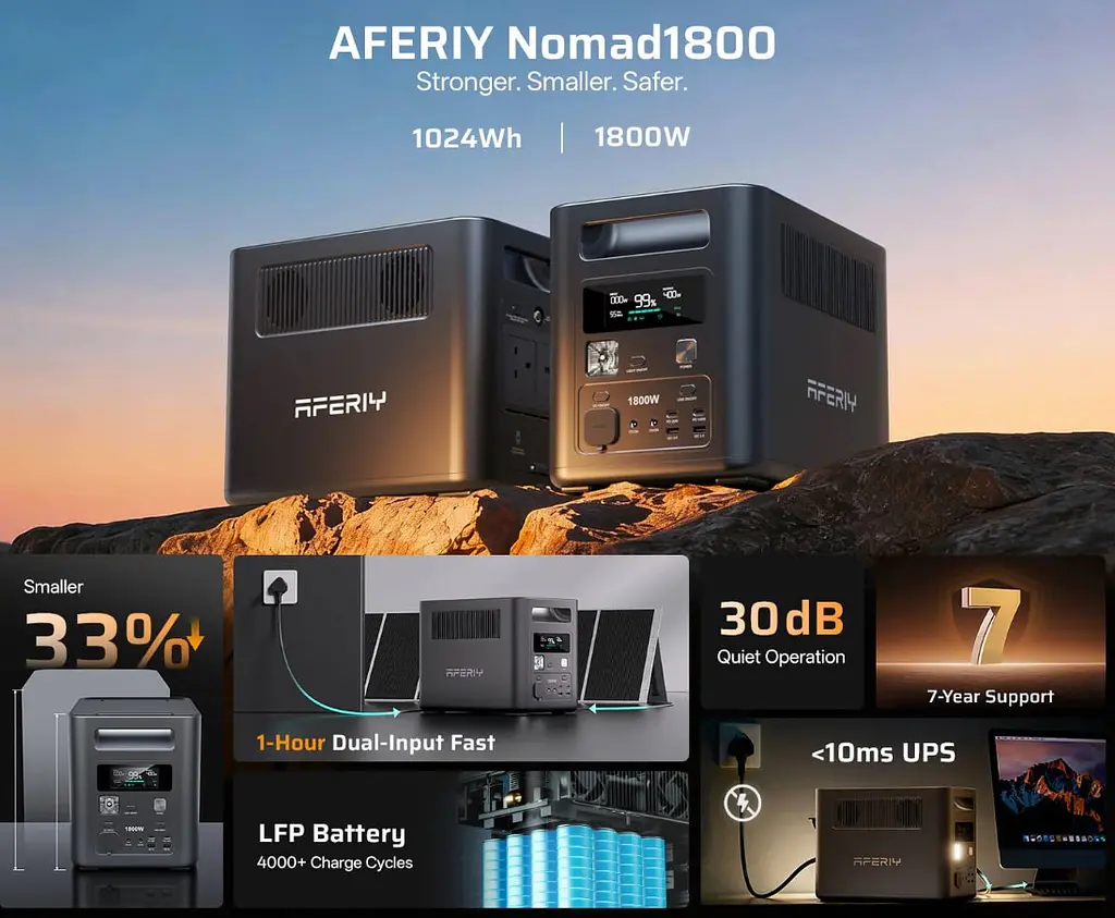 Портативна зарядна станція AFERIY Nomad AFP180 PPS 1800W 1024Wh LiFePO4 MPPT 500W - фото 6