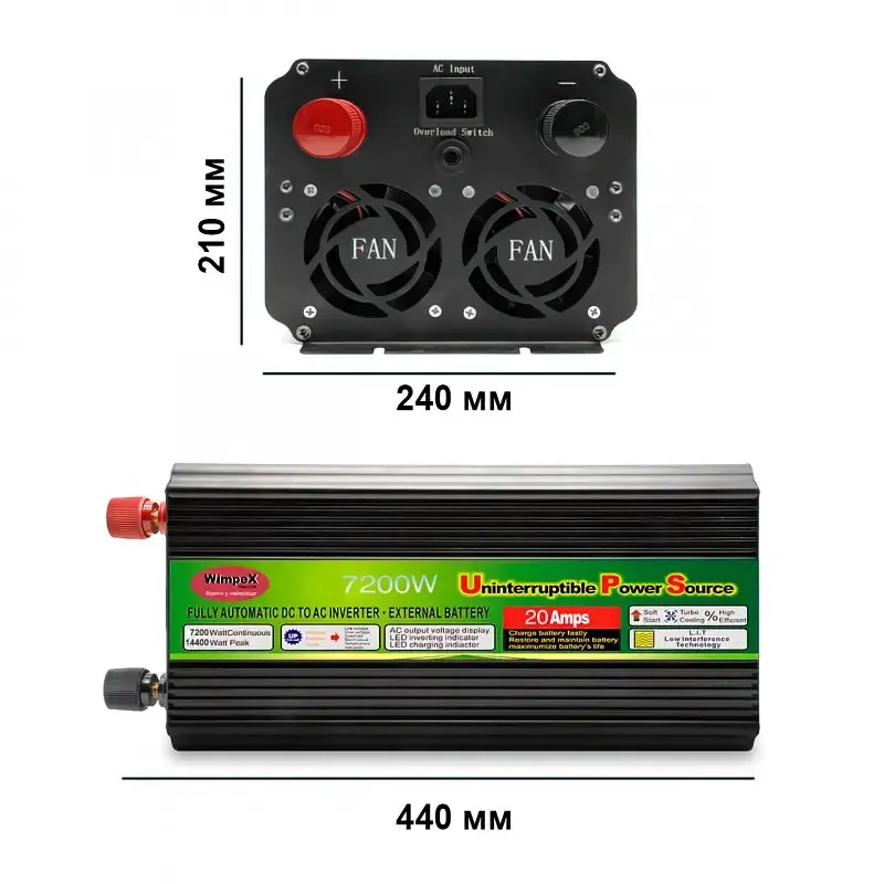Автоінвертор 12 V-220 V 7200 W з функцією заряджання акумулятора 20 A, перетворювач напруги та UPS модифікована синусоїда WimpeX 12 V-220 V 7200 Вт - фото 9