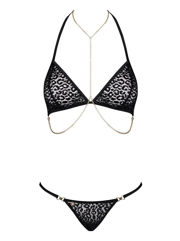 Комплект із ланцюжками Obsessive Pantheria 2-pcs set black L/XL, бюстгальтер, трусики - фото 3