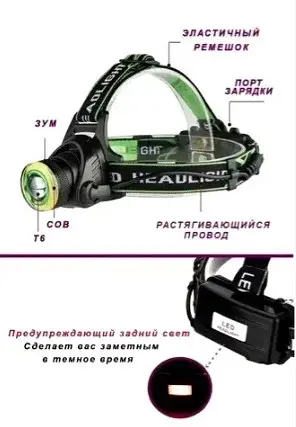 Налобный фонарь KJ600000 Т6 1200 люмен + 5 режимов - фото 3