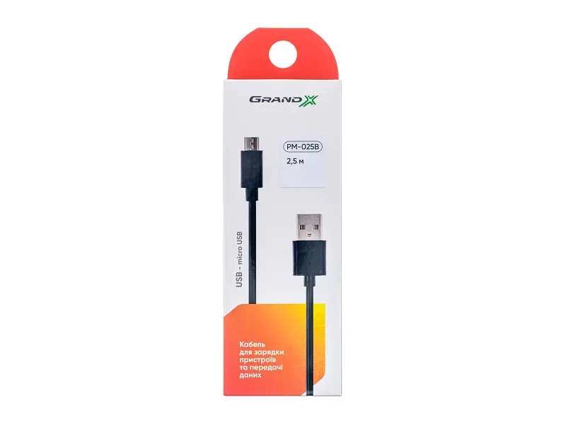 Кабель Grand-X USB-A - microUSB 2.5m Black (PM025B) - фото 3