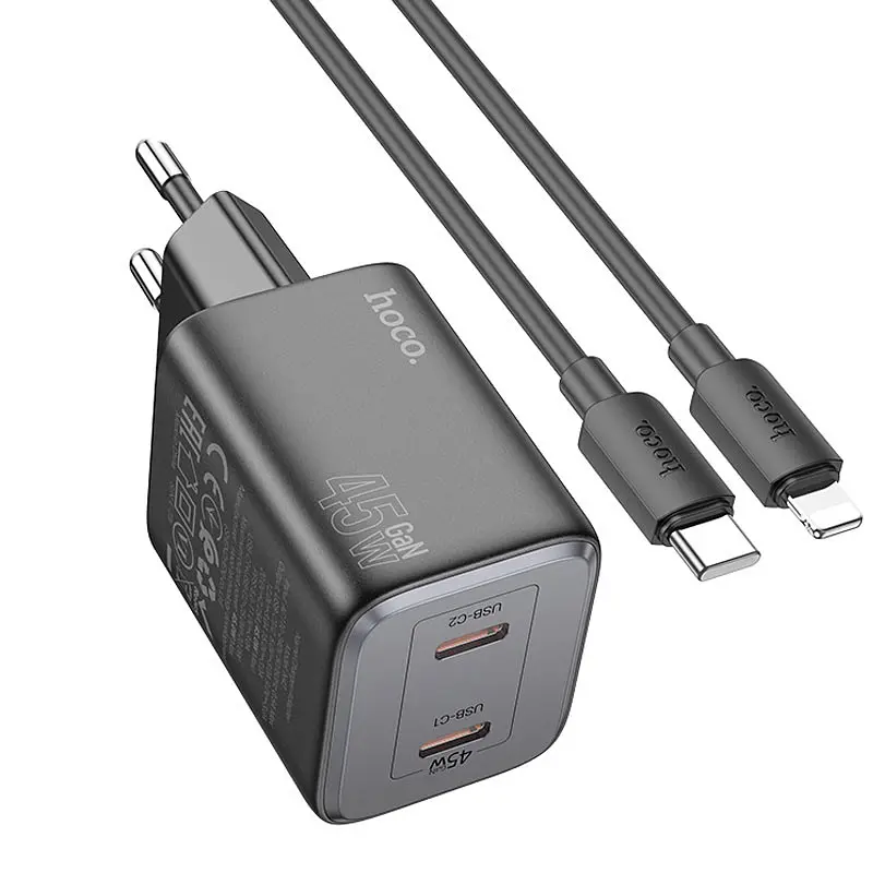СЗУ Hoco N42 Elogiado PD45W (2USB-C) + кабель Type-C to Lightning - фото 4
