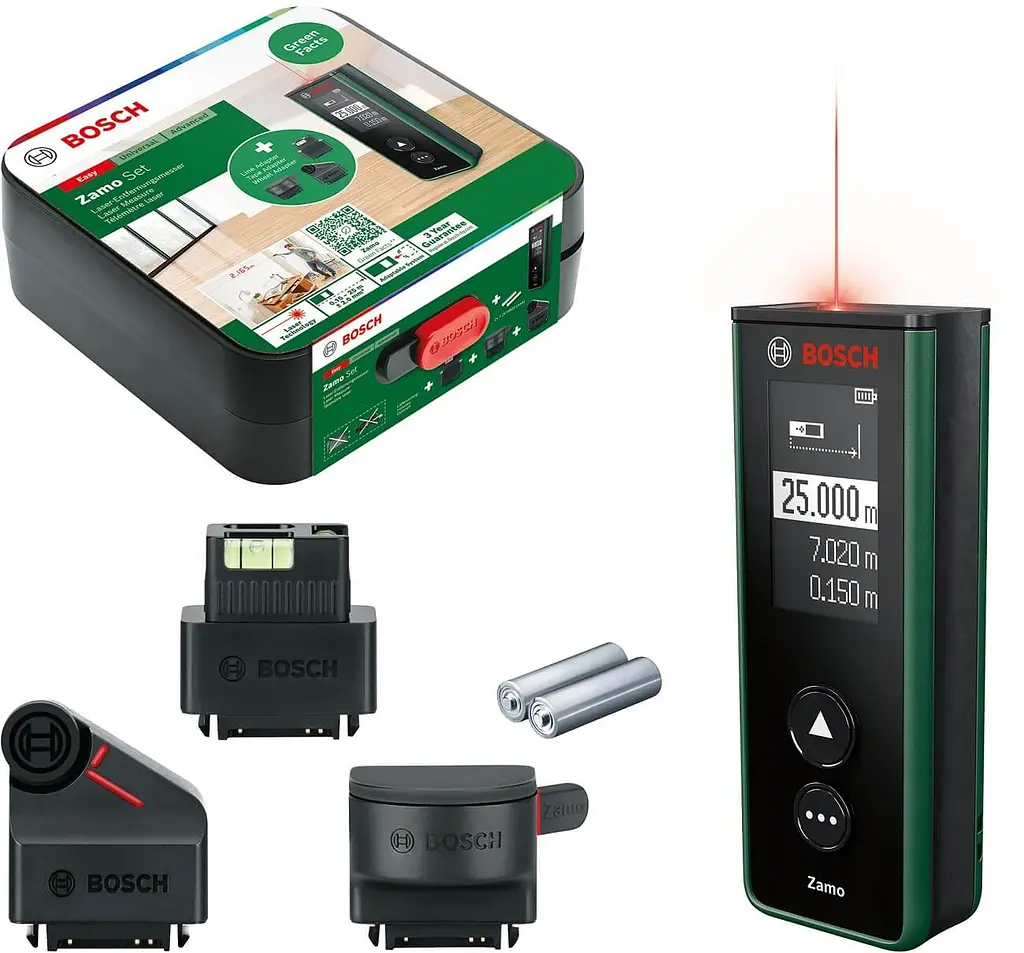 Лазерний далекомір Bosch Zamo IV Set зі стрічковим, лінійним і колісним адаптерами в кейсі