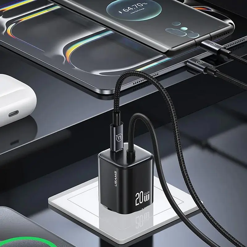 СЗУ Usams US-CC261 GaN JC Ser. 20W (2USB-C) + кабель Type-C to Type-C Black - фото 5