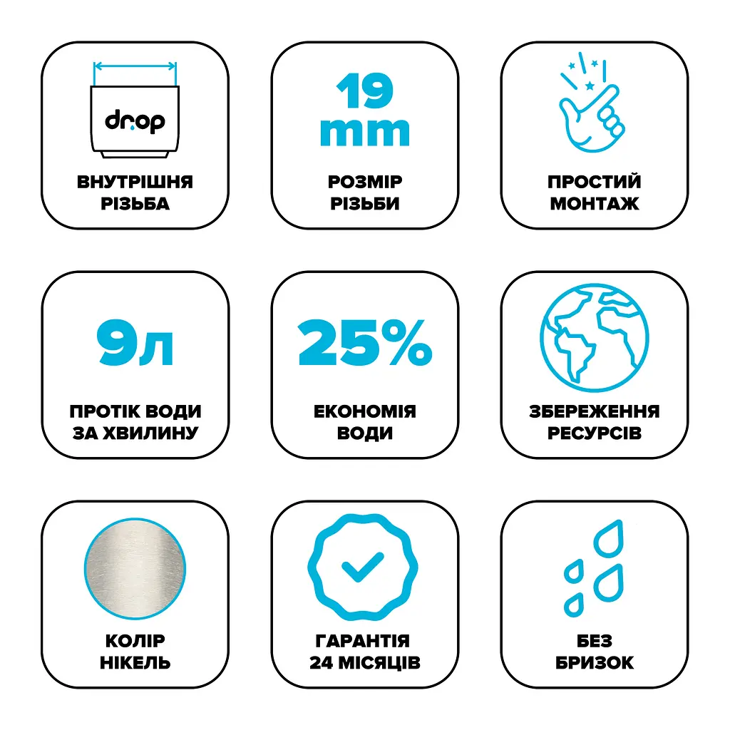 Водозберігаючий аератор Drop SP19E-F для змішувача - Економія 66%, 9 л/хв, внутрішня F 19 мм - фото 7