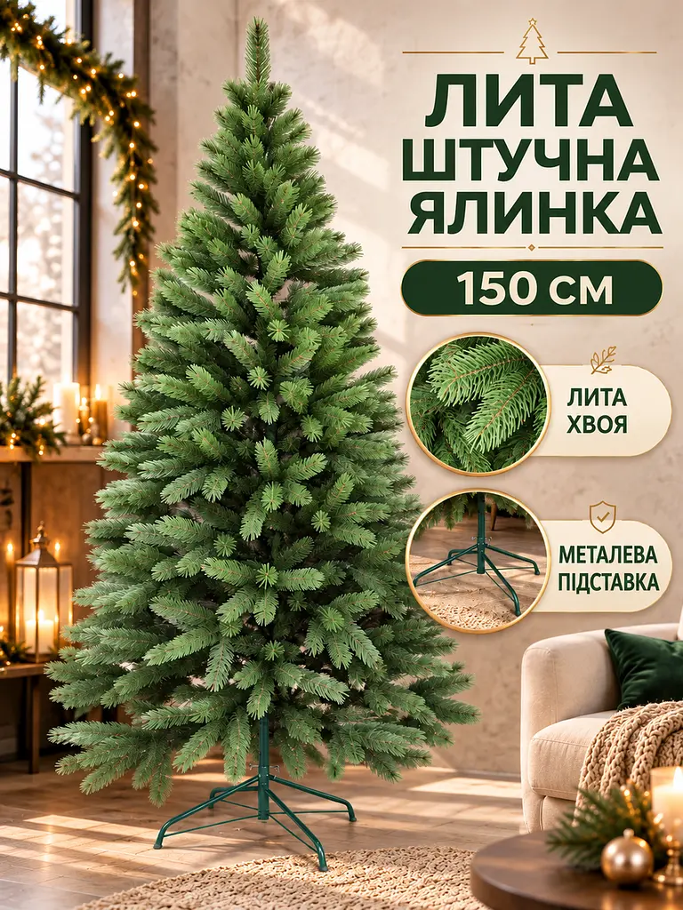 Лита штучна ялинка YaLINKA BZ15 Верховина 150 см на металевій підставці, зелена (49676426) - фото 2