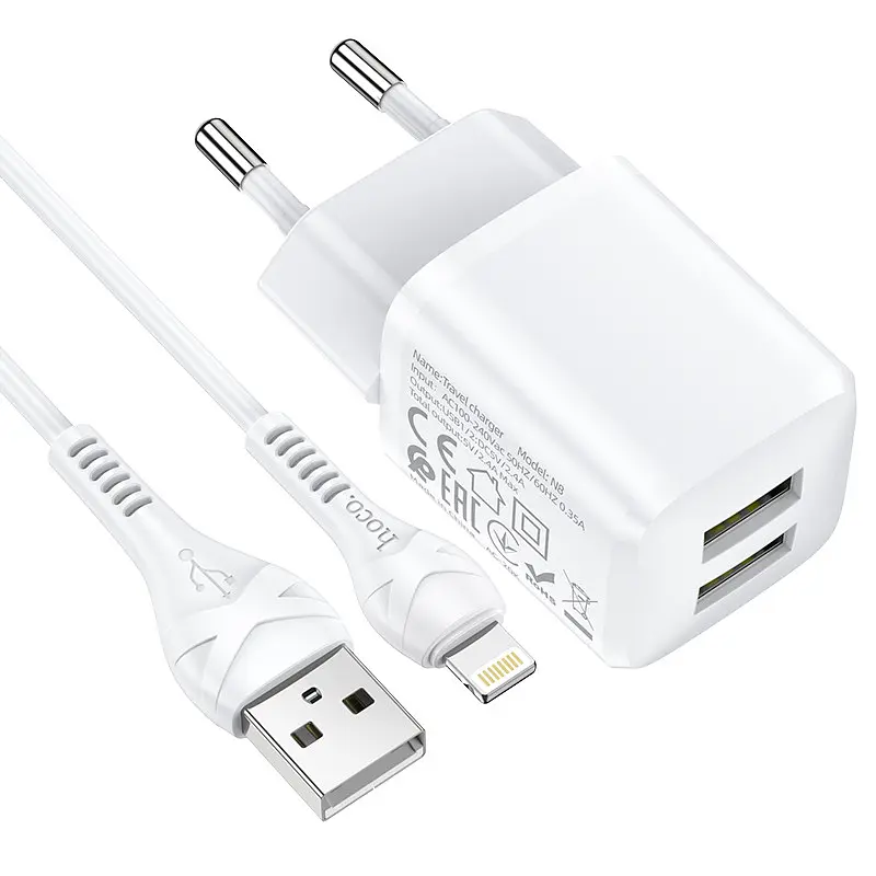 Адаптер мережевий HOCO Lightning Cable Briar dual port charger set N8 2 порти USB 2.4A білий - фото 7