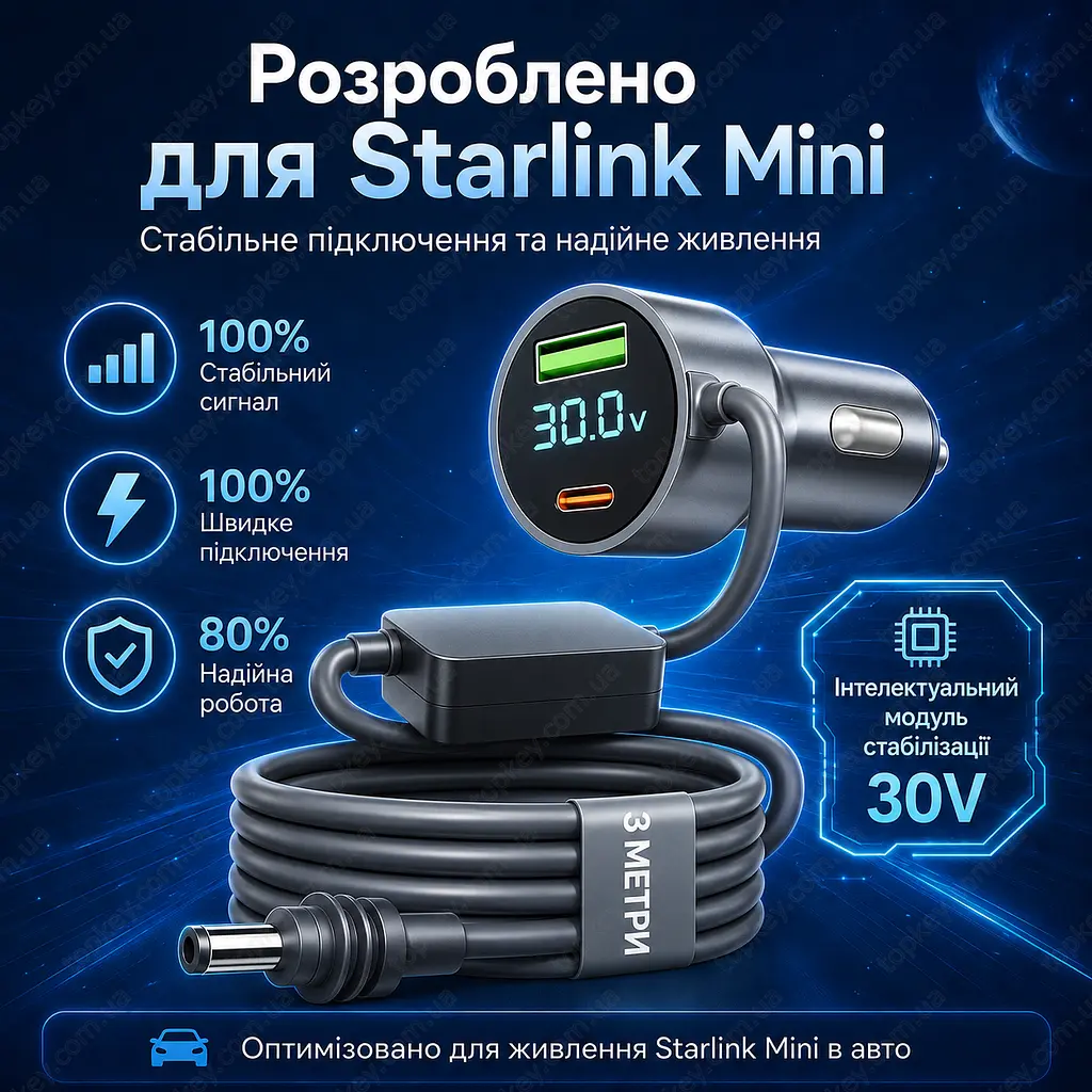 Кабель живлення Starlink Mini 3 м 30V 2A від прикурювача з бустером напруги 12V/24V USB-C USB-A для Starlink Gen3 - фото 4