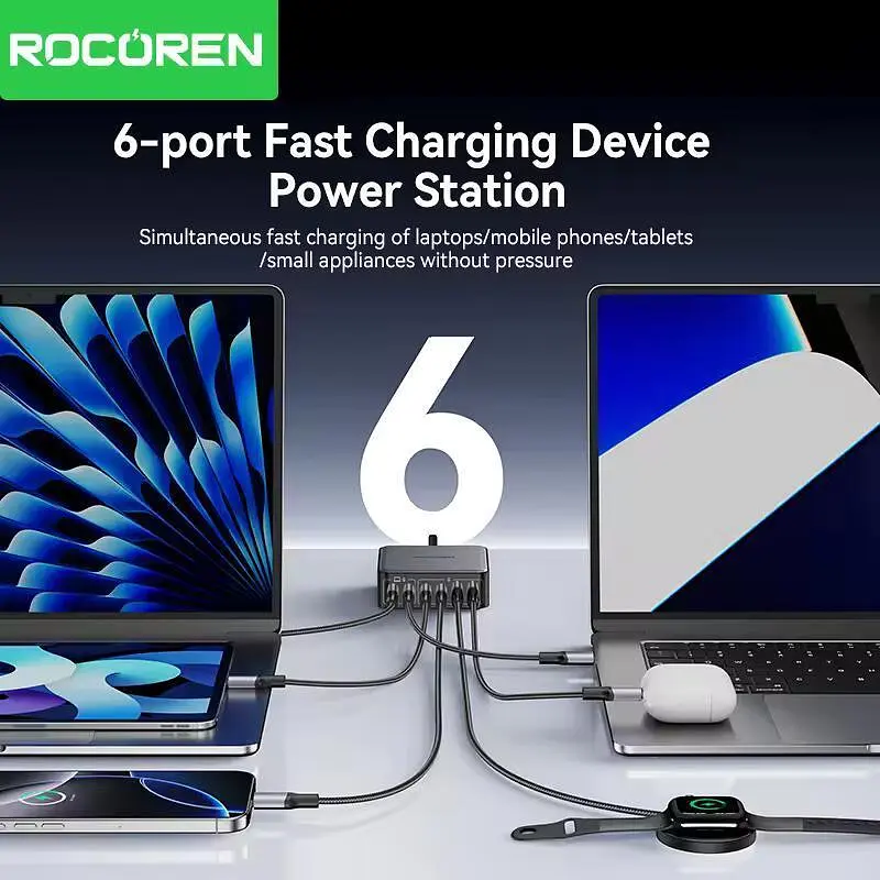 Зарядное устройство адаптер питания Rocoren 200 W GaN 0242 2U+4C черная вилка США (US plug) - фото 6
