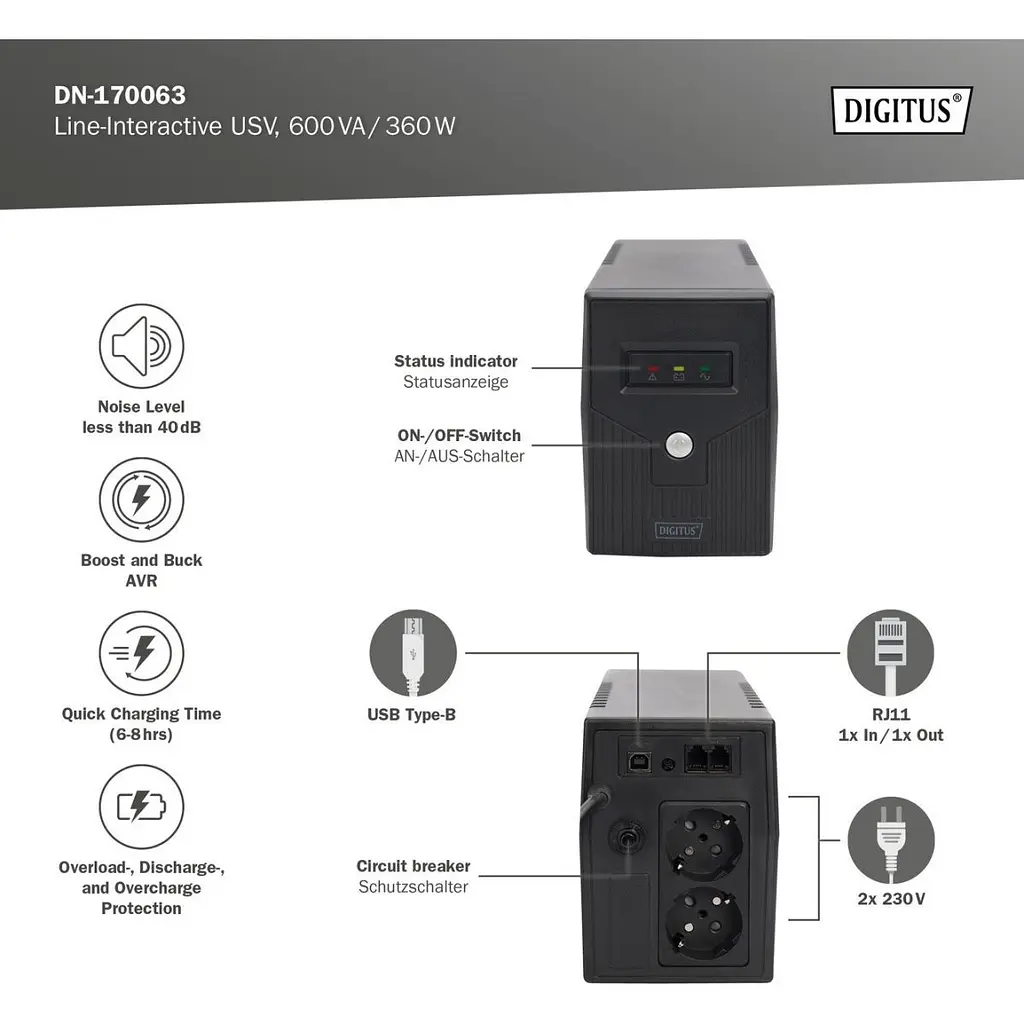 Джерело безперебійного живлення (ДБЖ) Digitus Line-Interactive 600VA (DN-170063) [109716] - фото 5
