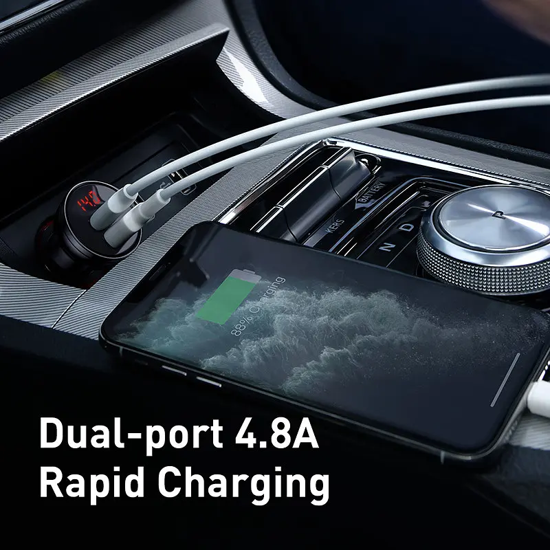 Автомобильное зарядное устройство BASEUS Digital Display Dual USB 4.8A 24W (CCBX-0G) с экраном темно-серое - фото 6