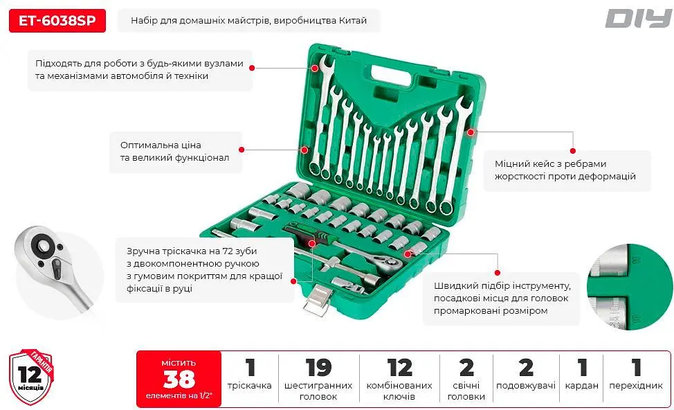 Набір інструментів Intertool ET-6038SP 38шт [91262] - фото 4