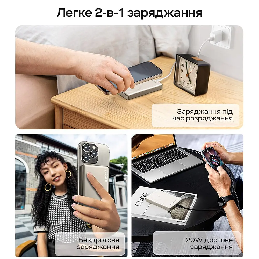 Повербанк 10000mAh Choetech B739 Silver QC3.0 PD3.0 бездротова магнітна зарядка (43-00152) - фото 5